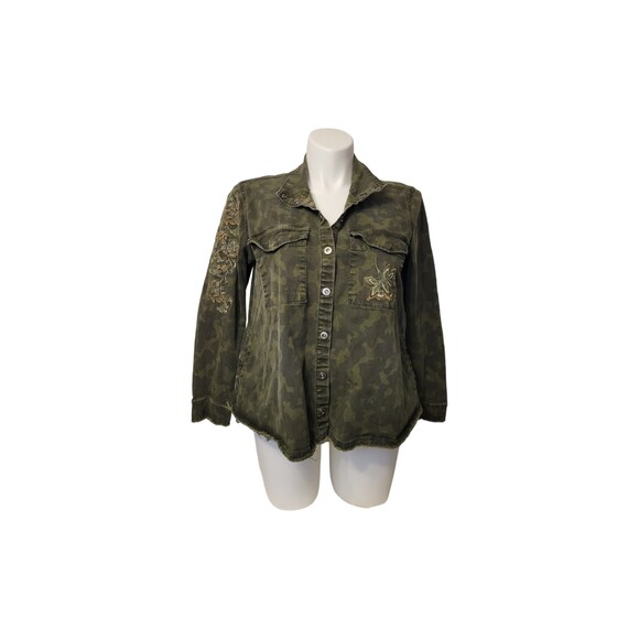 Vintage America Blues Camo Jean Jacket Women L Green Embroidered - Picture 1 of 10